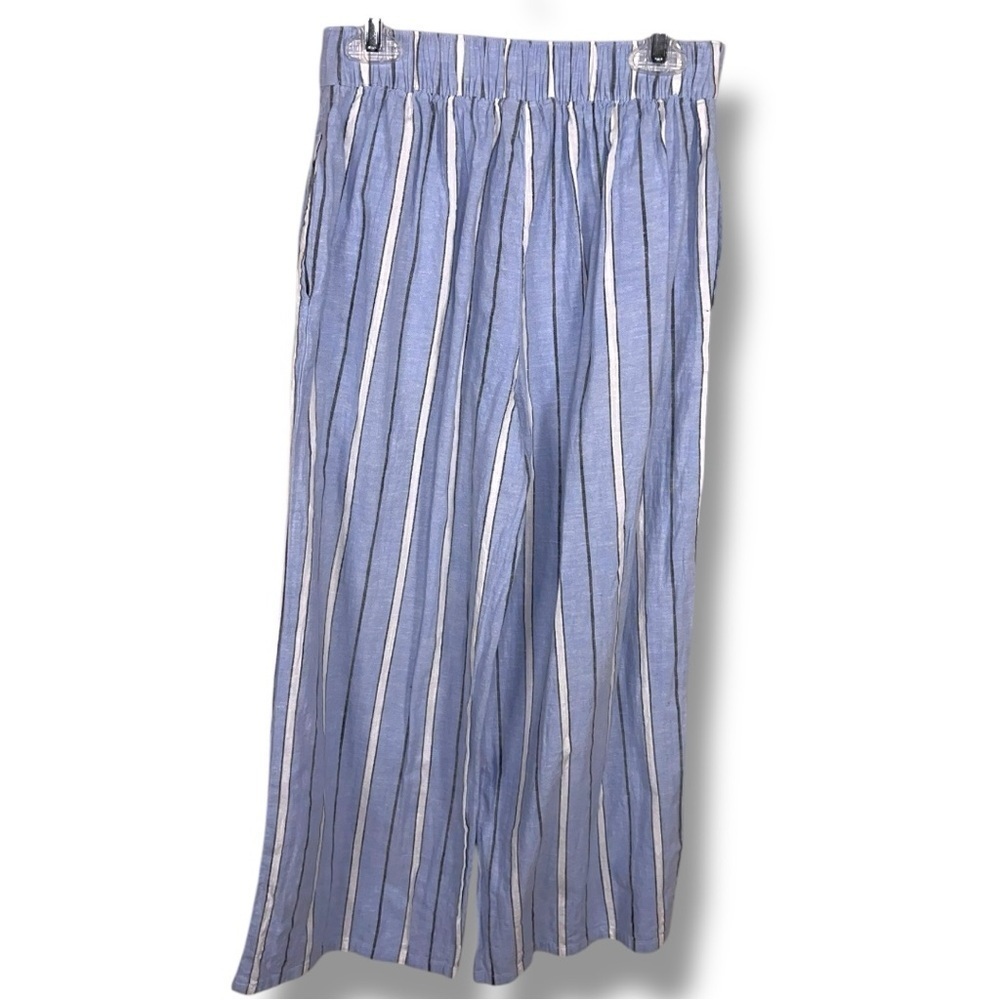 XS Arizona Blue Striped Linen Blend Wide Leg Pants Pull On Coastal Elastic Waist